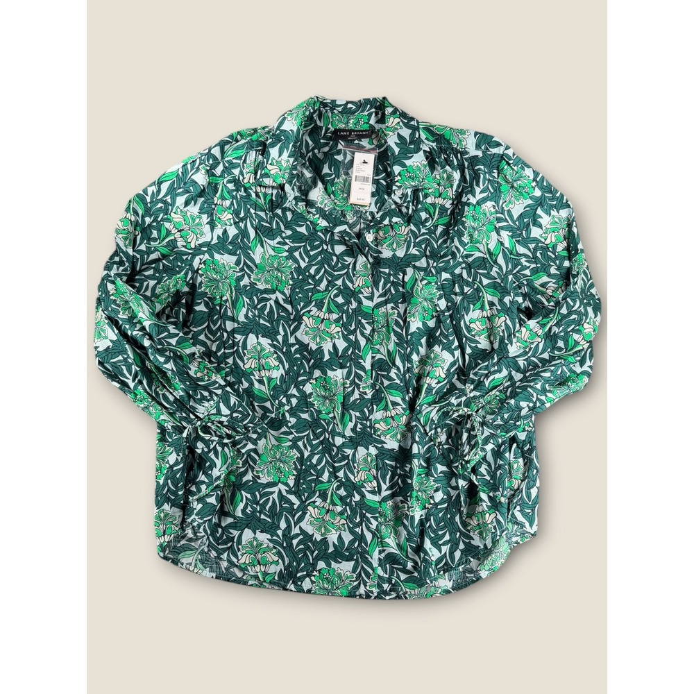 Lane Bryant Green Floral Leaf Print Cotton Button Down Shirt Tie Cuff 14/16 NEW
